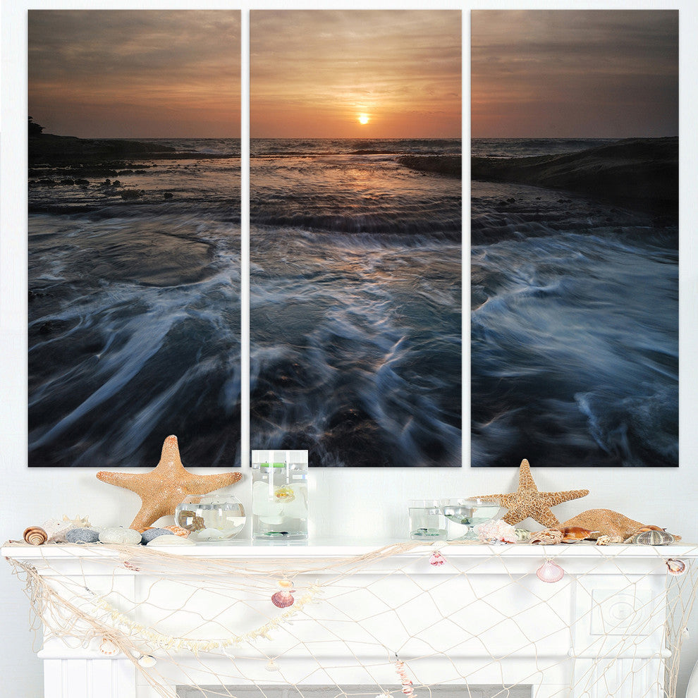 "Dark Seashore With Rushing Waves" Beach Metal Wall Art, 3 Panels, 36"x28"