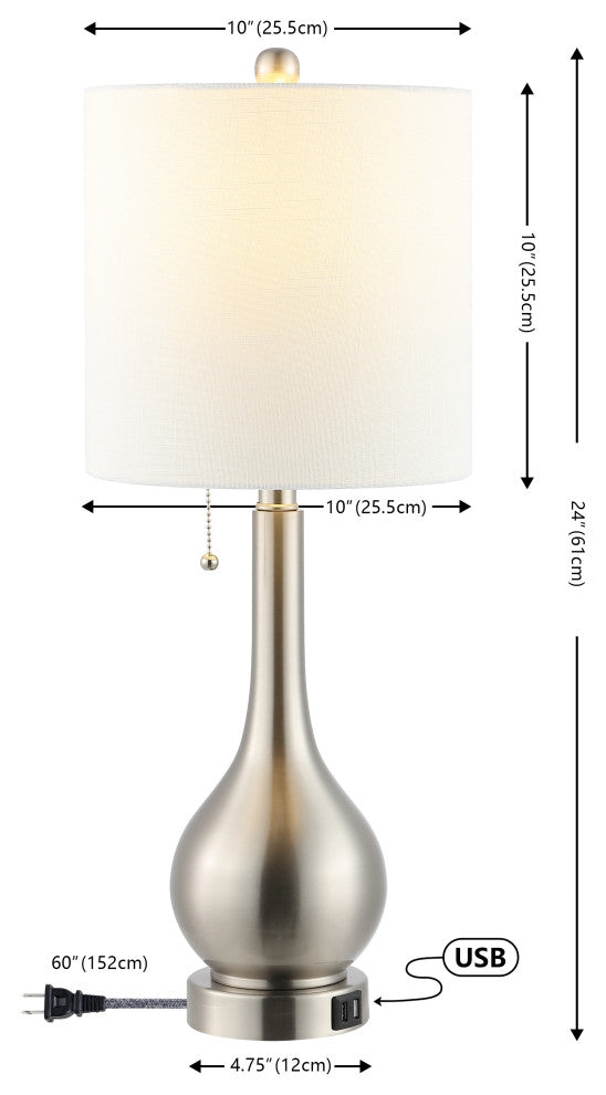 Tyler 24" Gourd Iron LED Table Lamp With Pull-Chain, USB Ports, Set of 2, Nickel
