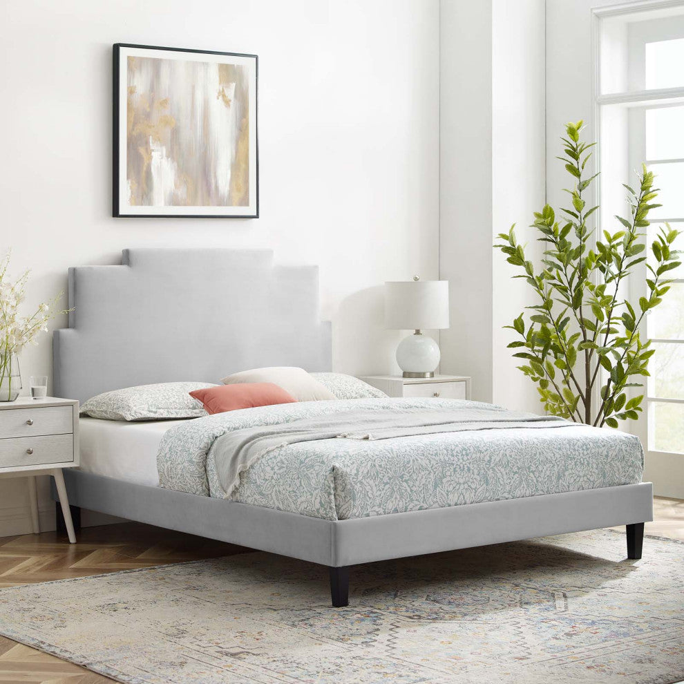 Lindsey Performance Velvet Twin Platform Bed, Light Gray