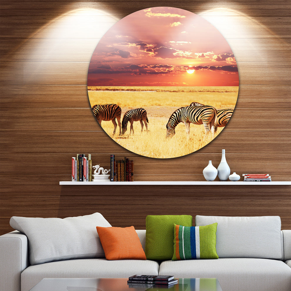 Zebras Grazing Together At Sunset, Landscape Round Wall Art, 23"