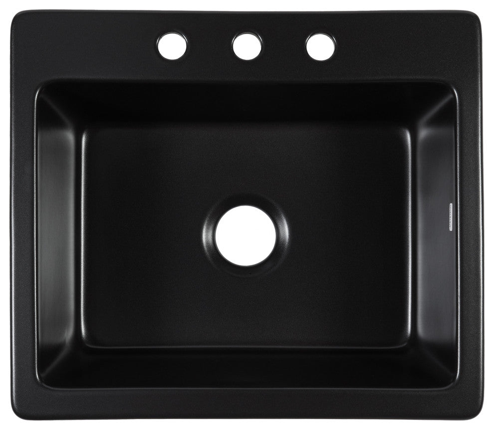 Jackson Matte Black Fireclay 25" Single Bowl Drop-In Kitchen Sink with 3 Holes