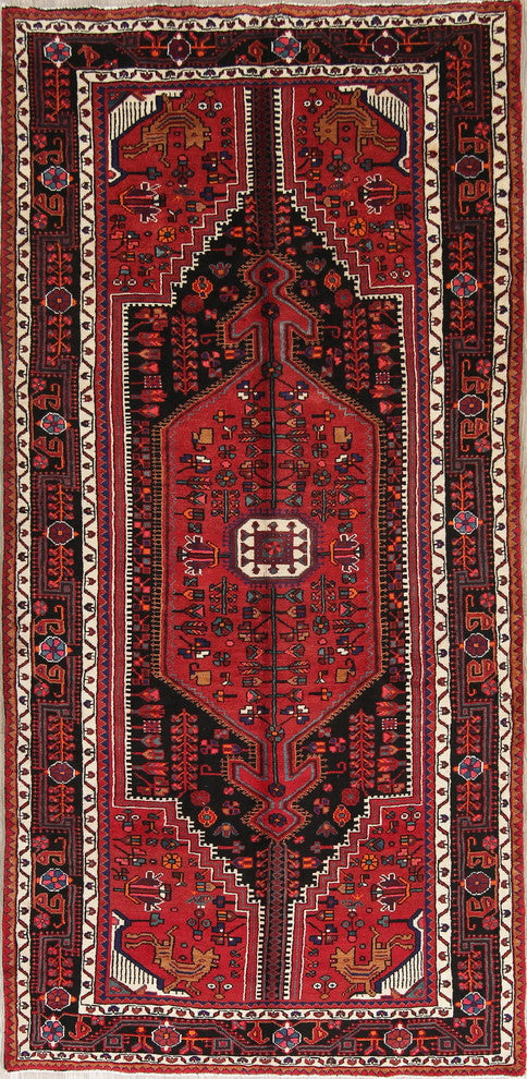 Persian Nahavand Wool Hand-Knotted Oriental Area Rug, Red, 10'0"X4'11"