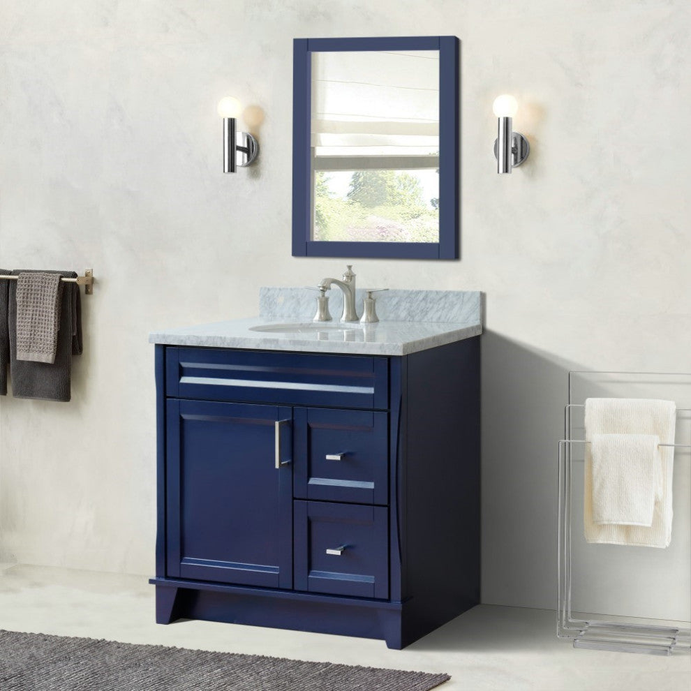 37" Single Sink Vanity, Blue Finish With White Carrara Marble