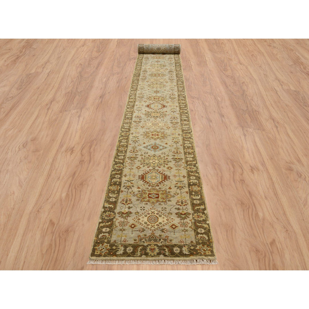 Gray/Brown Medallions Hand Knotted Karjihooz Pure Wool Runner Rug, 2'6"x21'10"