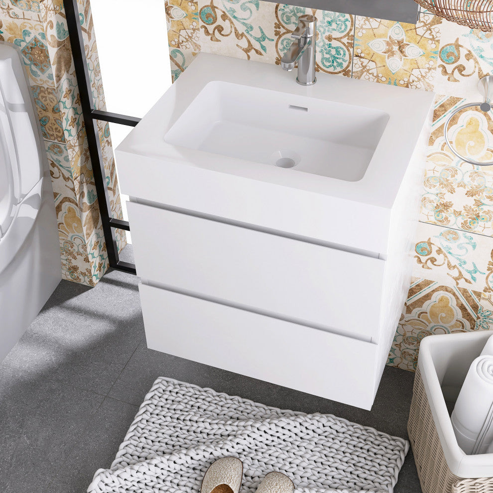 Wood Wall-Mounted Bathroom Vanity Set with Integrated Resin Sink, White, 24"