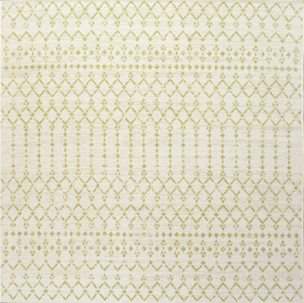 Ourika Moroccan Geometric Indoor/Outdoor Rug, Cream/Green, 5' Square