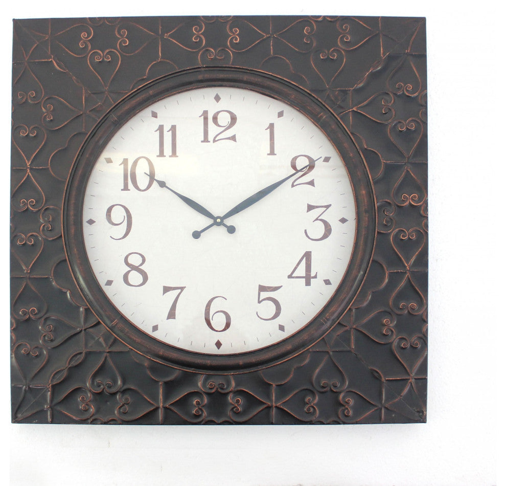 HomeRoots 28" x 28" x 2" Brown Vintage Square Brass Metal Wall Clock