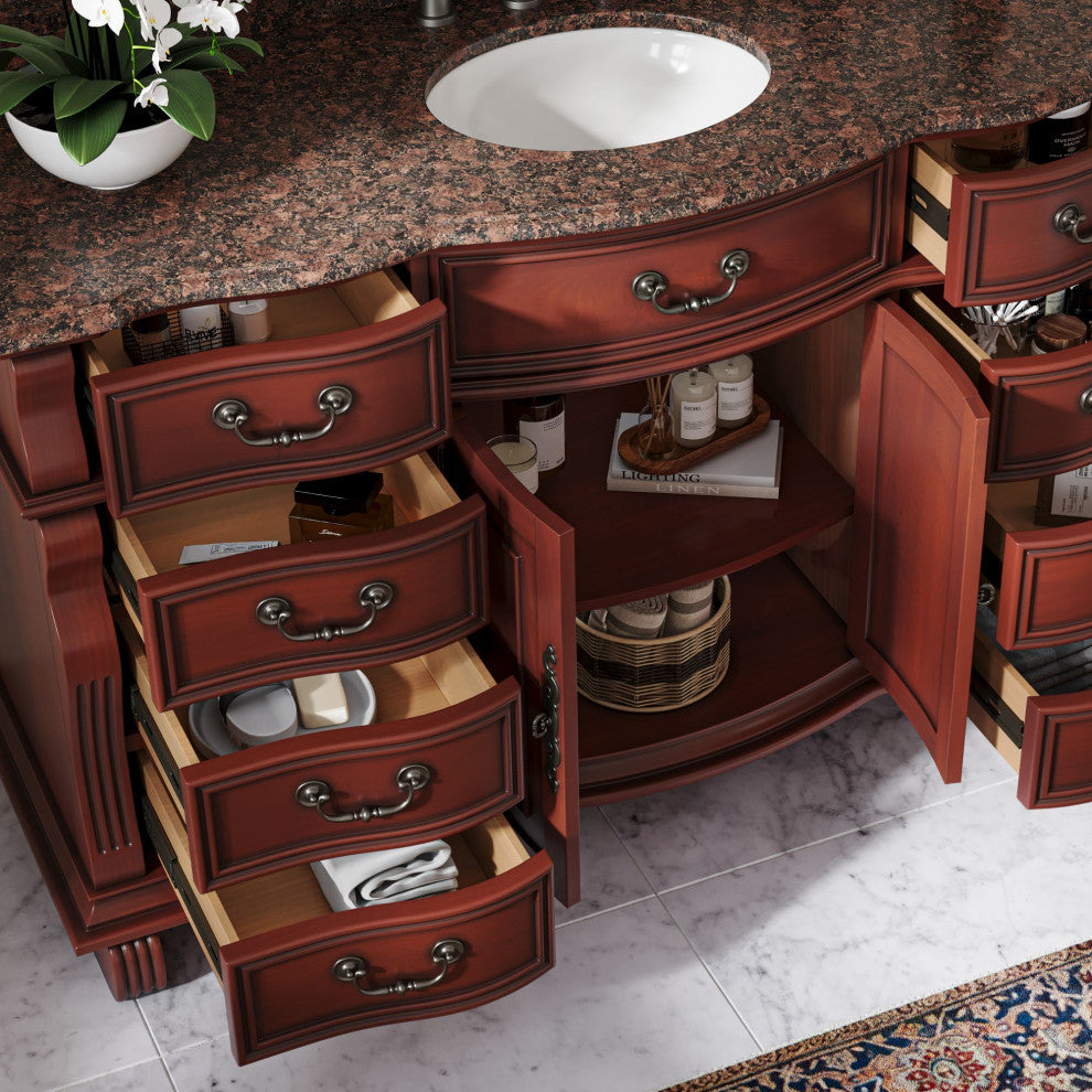 60 inch Cherry Wood Hopkinton Bathroom Sink Vanity Baltic Brown Stone Top, Cherry, 60", Single Sink, Freestanding, With Mirror