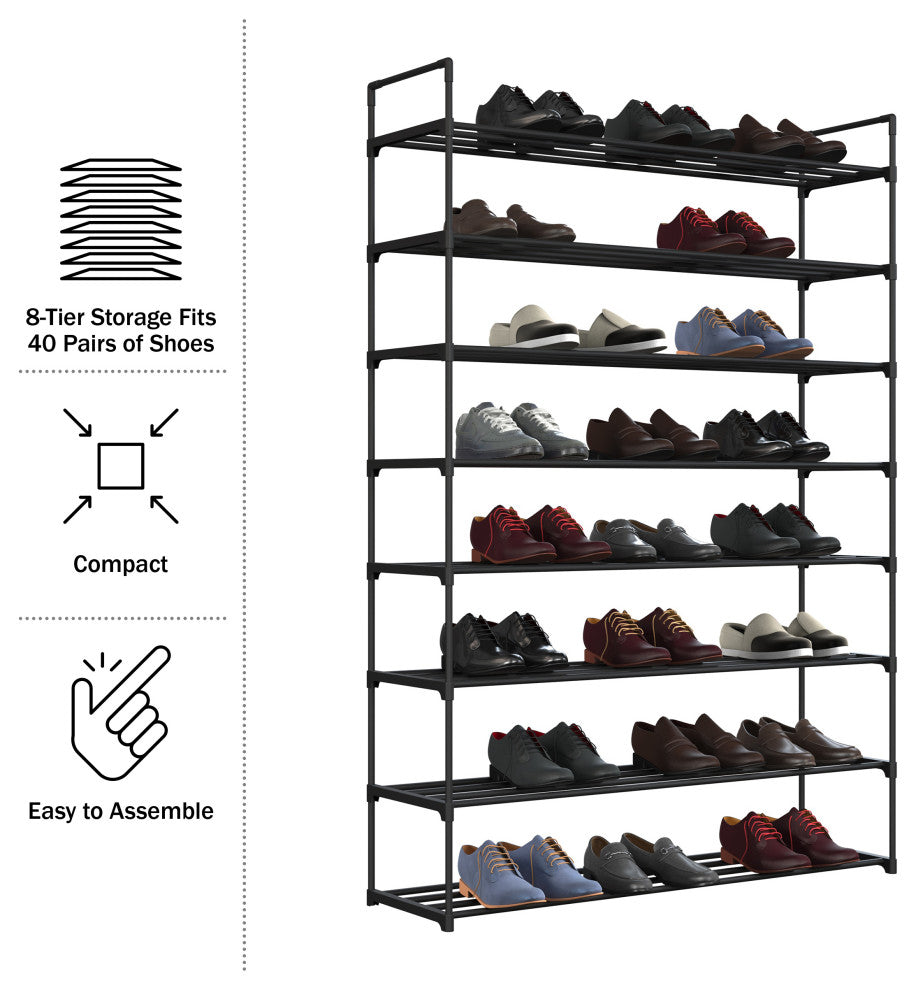 Shoe Rack 8-Tier Shoe Organizer for Closet, Bathroom, Entryway Holds 40 Pairs, Black