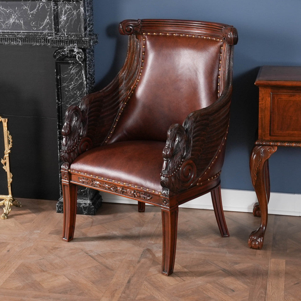 Mahogany Swan Arm Chair With Leather