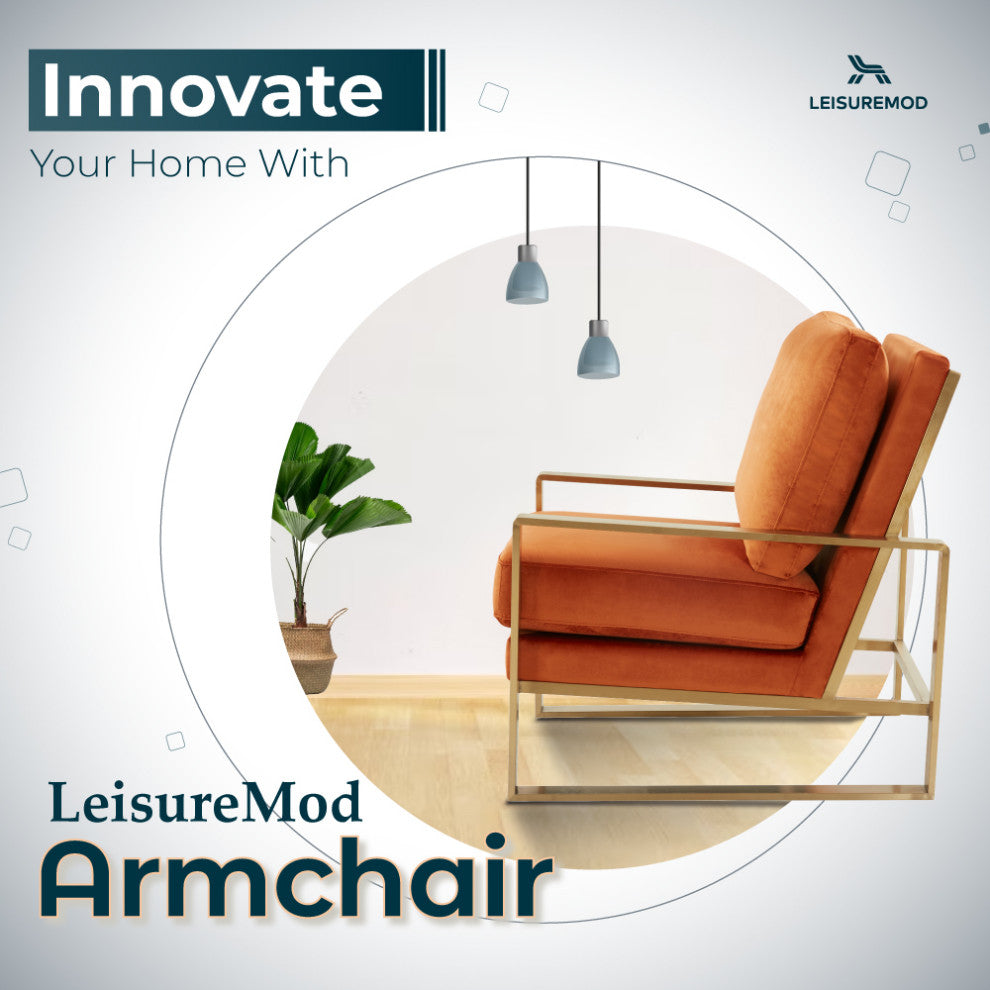 LeisureMod Jefferson Velvet Accent Armchair With Gold Frame, Orange Marmalade