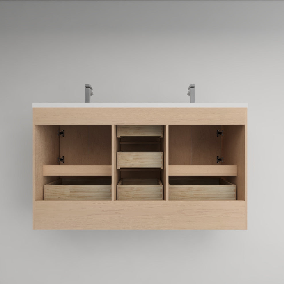 Victoria 60" Solid Wood Vanity Double Sink, Overhead Cabinet, Red Oak