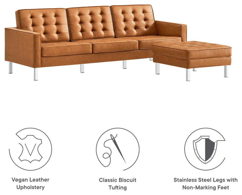 Loft Tufted Vegan Leather Sofa and Ottoman Set, Silver Tan