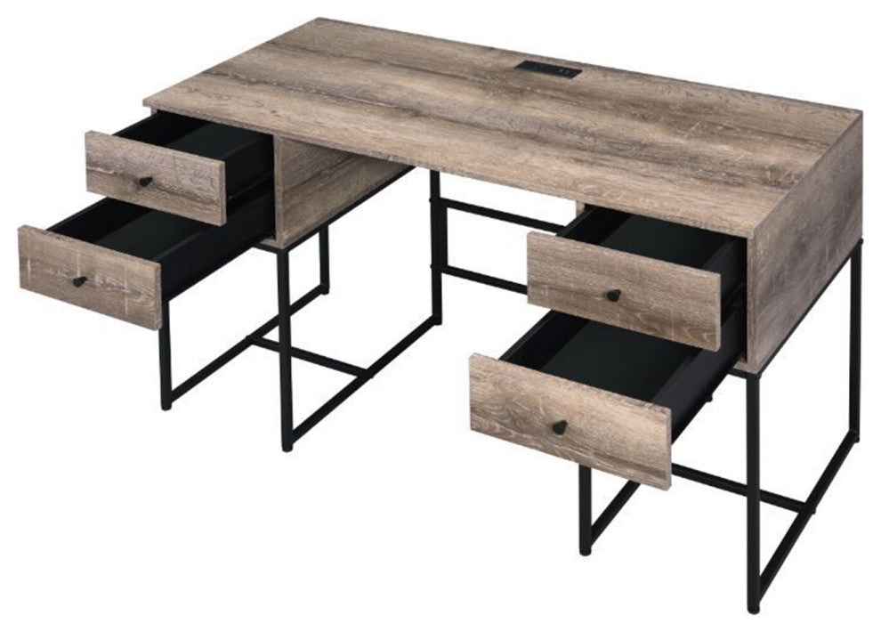 4 Drawers Writing Desk, Rustic Oak and Black Finish