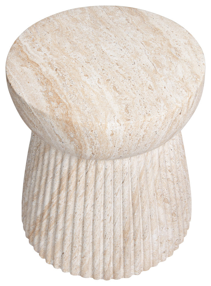 Fluted Travertine Stone Finish Italian Design MgO Side Accent Table