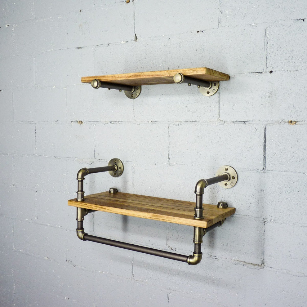 Austin Farmhouse Industrial 24" and 27" Wide 2-Piece Shelf Rack, Brushed Brass