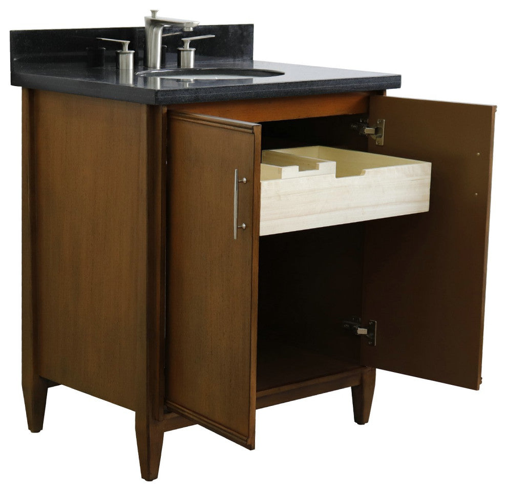 31" Single Sink Vanity, Walnut Finish, Black Galaxy Granite With Oval Sink