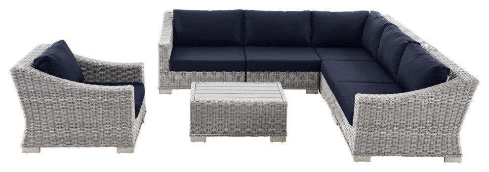 Outdoor Patio Wicker Rattan 7-Piece Sectional Sofa Furniture Set Gray Navy
