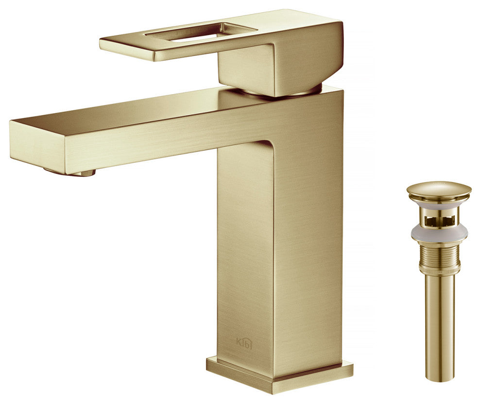 Cubic Single Hole Bathroom Faucet KBF1002, Brush Gold, W/ Drain