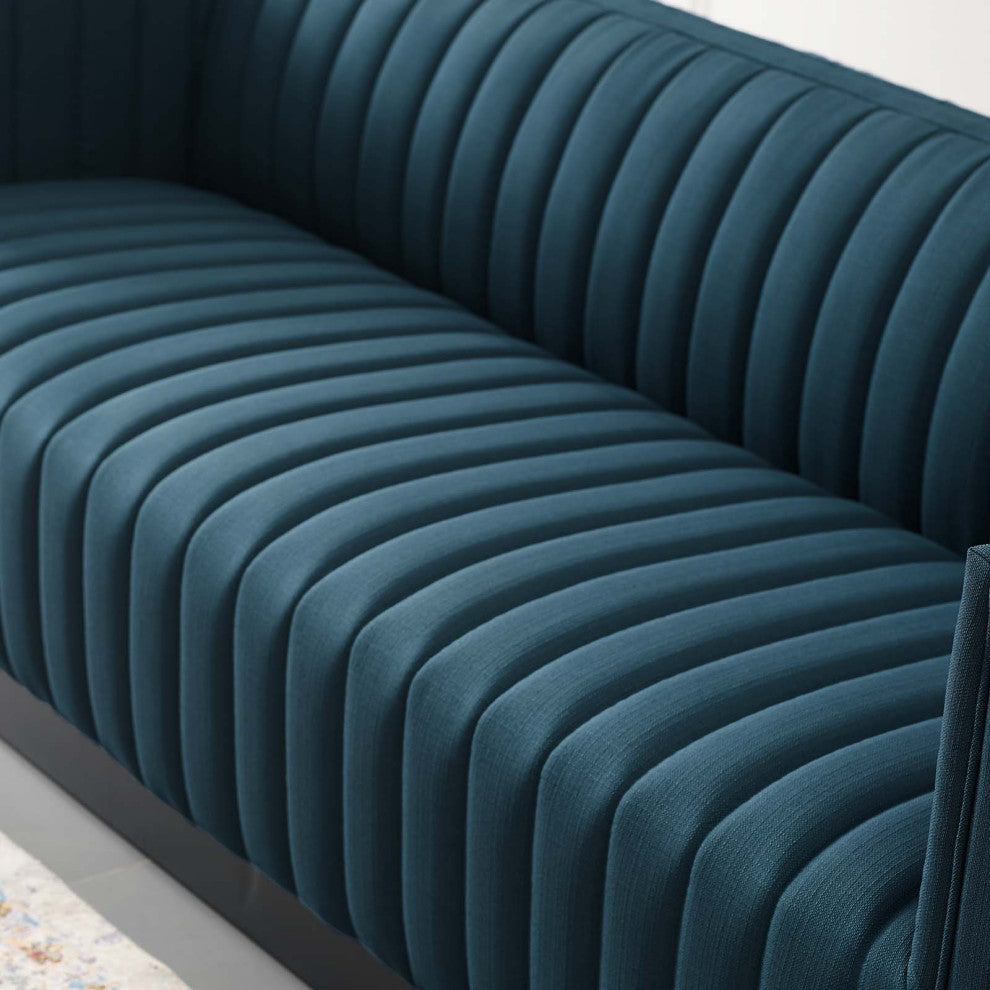 Tufted Sofa, Fabric, Navy Blue, Modern, Living Lounge Hotel Lobby Hospitality