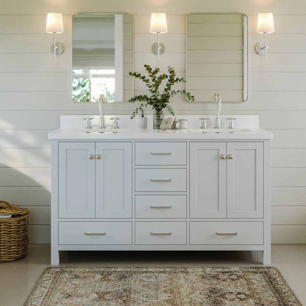 ARIEL Cambridge 61" Double Rectangle Sink Bathroom Vanity White With Quartz Top