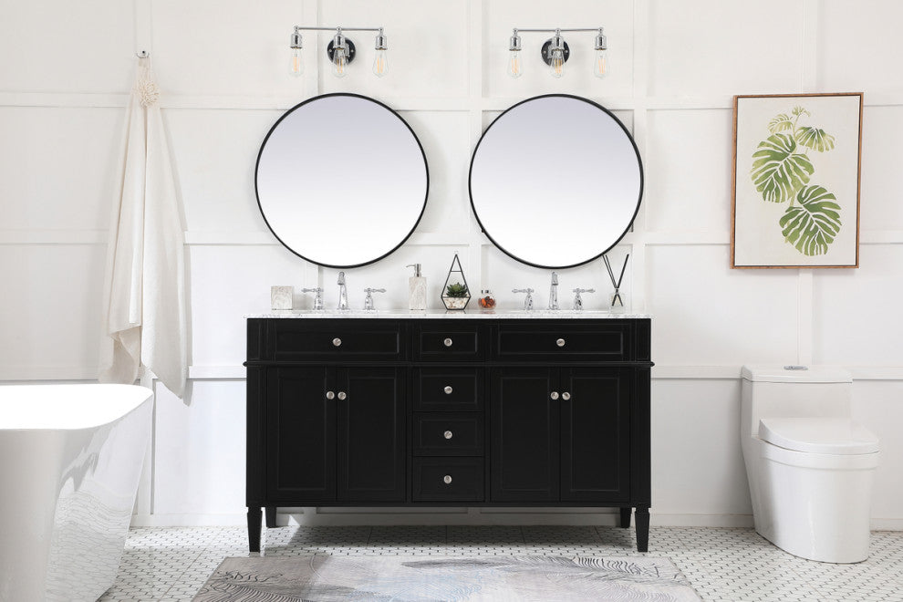 Home Living Vanity with Carrara White Marble Countertop, Black, 60", Double Sink