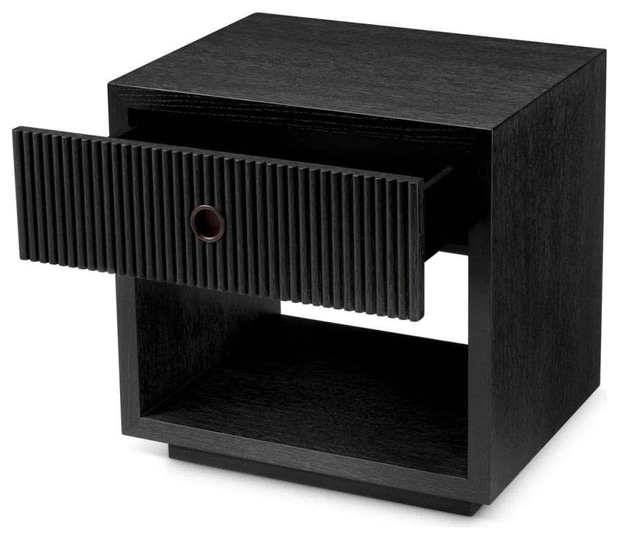 Ribbed Wood 1-Drawer Nightstand, Eichholtz Dimitrios, Black