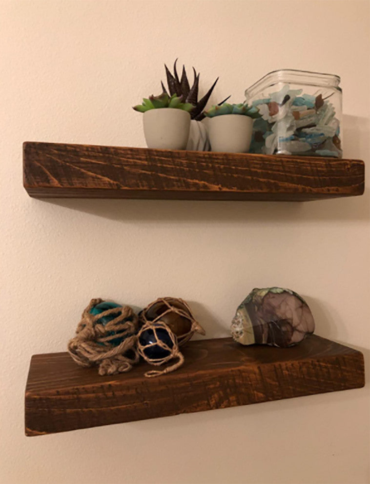 Rustic Floating Mountable Wood Shelf 3" Thick x 7" Deep, Pine, Medium Brown, 24"