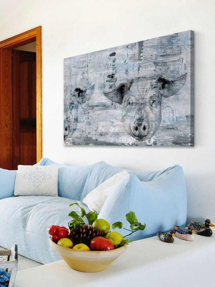 "Blue Pigs" Painting Print on Wrapped Canvas, 30"x20"
