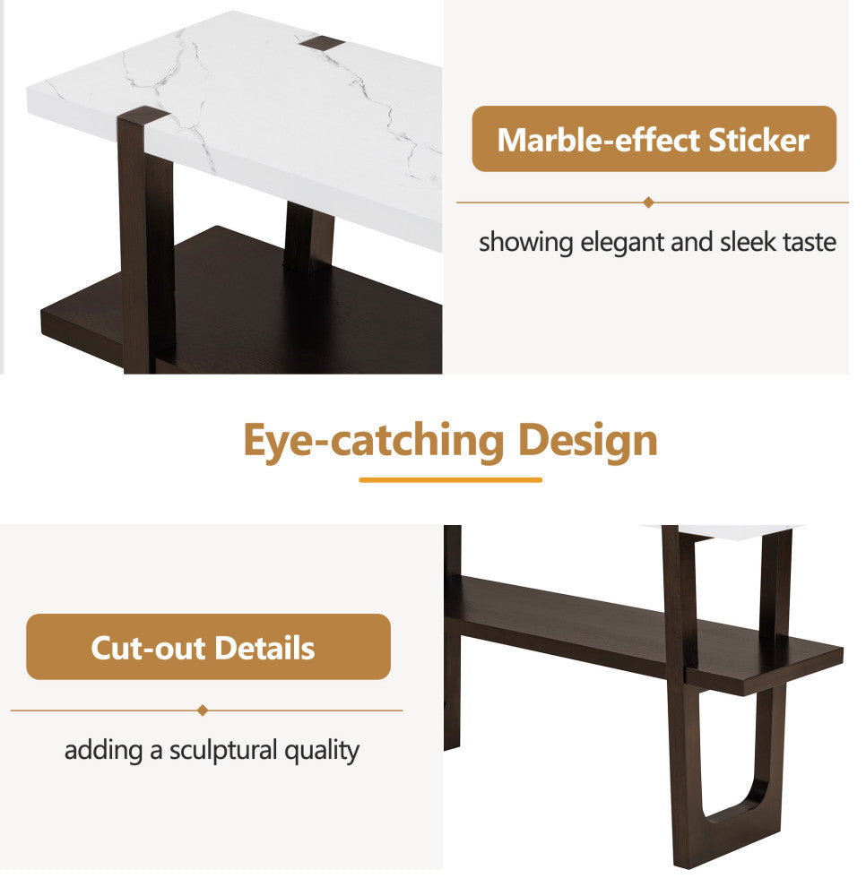 TATEUS Narrow Console Table with Marble-Effect Top for Entryway and Living Room, Espresso