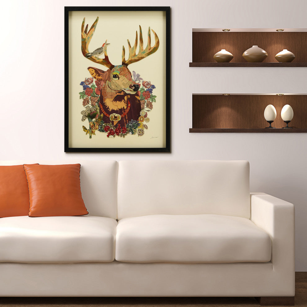 Mr. Deer Dimensional Handmade Collage Wall Art Framed Under Glass