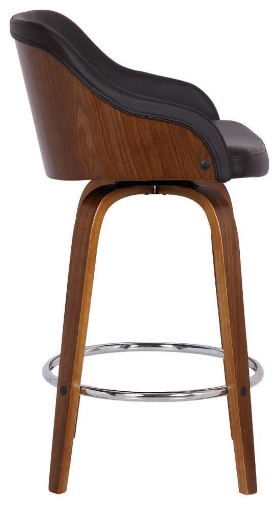 26" Brown Swivel Faux Leather Walnut Wooden Bar Stool