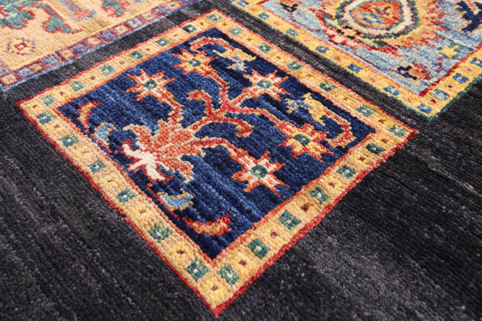 2' 6" X 9' 8" Persian Garden Design Black Hand Knotted Runner Rug Q10694