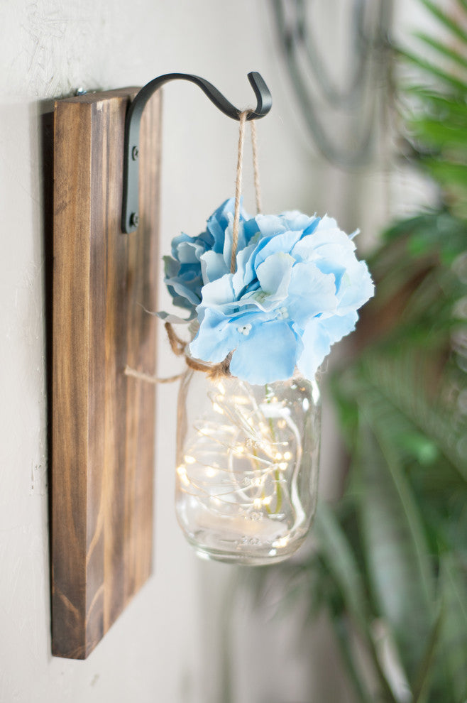 Mason Jar Decor Wall Decor Walnut Color Blue Flower Wide Hook with Lighting