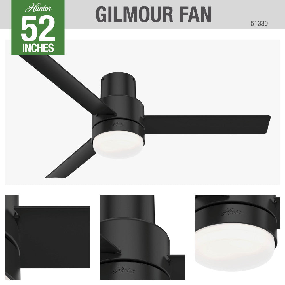Hunter 52" Gilmour Matte Black Low Profile Damp Rated Ceiling Fan With LED Light