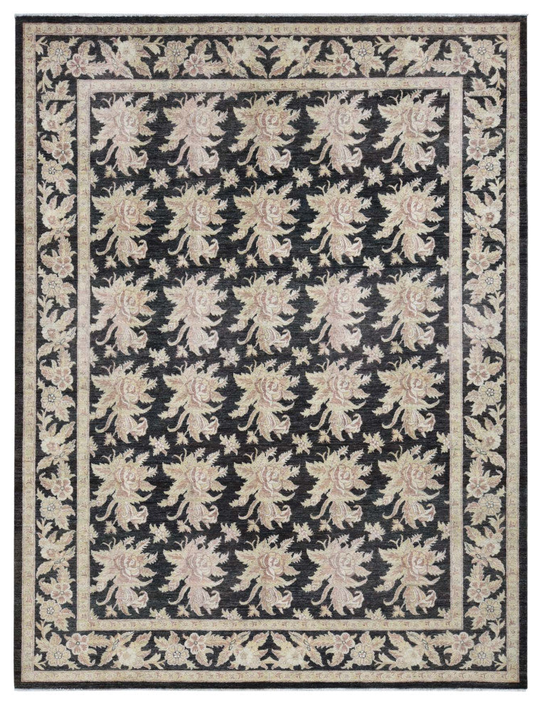 Black Dense Weave Fine Peshawar Hand Knotted Wool Oriental Rug 9'1" x 12'4"