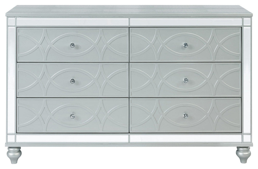 Glam 6 Drawers Dresser with Mirror Accent, Silver