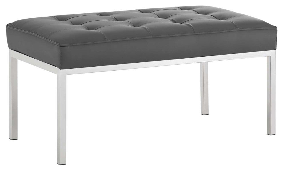 Loft Tufted Medium Upholstered Faux Leather Bench Silver Gray
