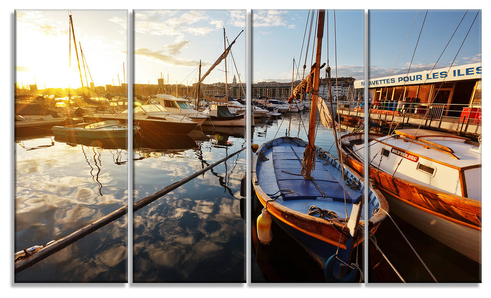 Yachts at Sea Port of Marseille, Boat Canvas Art Print, 48"x28", 4 Panels