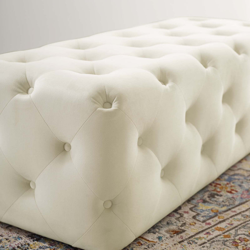 Tufted Accent Chair Bench, Velvet, Ivory White, Modern, Lounge Hospitality