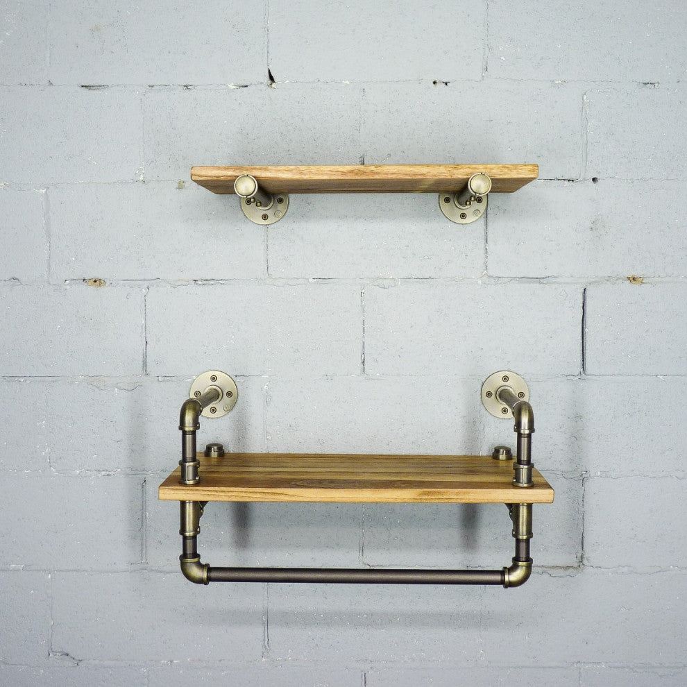 Austin Farmhouse Industrial 24" and 27" Wide 2-Piece Shelf Rack, Brushed Brass