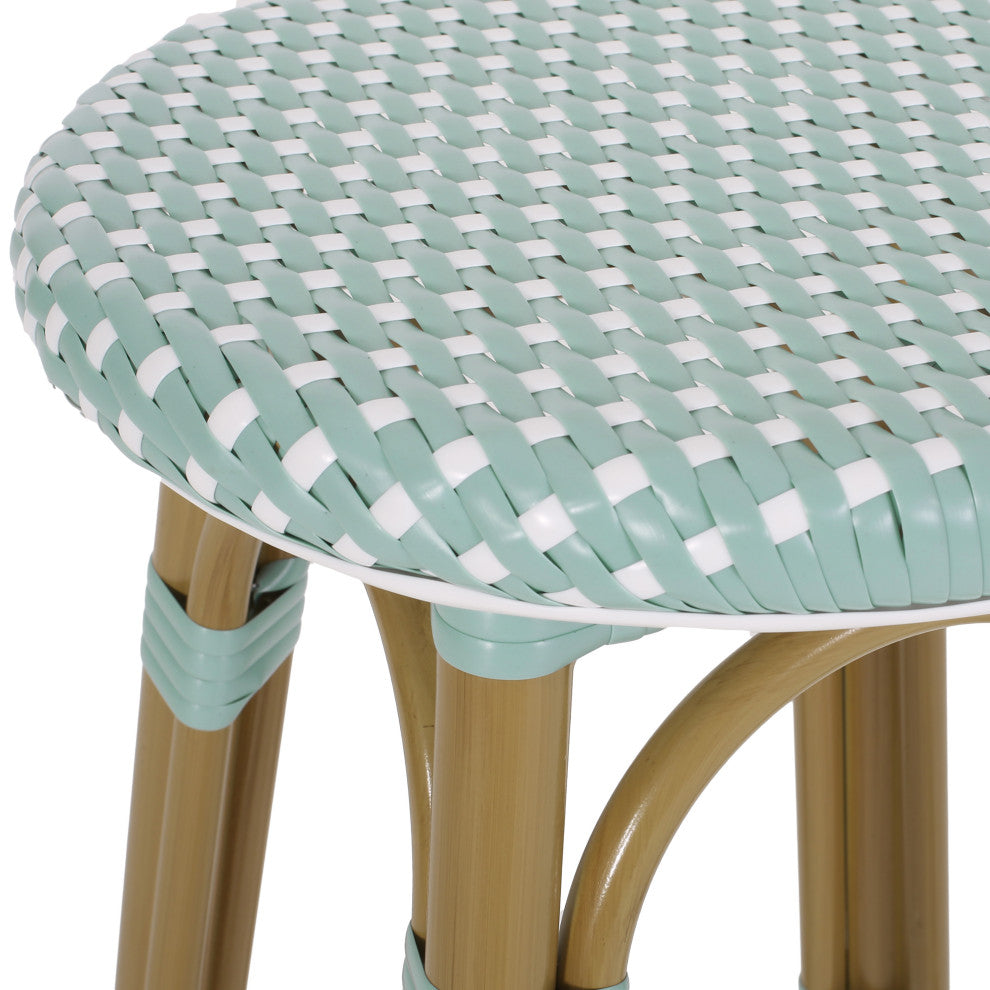Dohney Outdoor French Aluminum 29.5" Barstools, Set of 2, Light Teal/White/Bamboo Finish