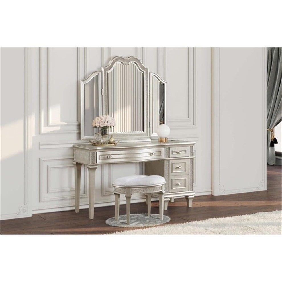 Coaster Evangeline Wood Oval Vanity Stool Faux Diamond Trim Silver and Ivory