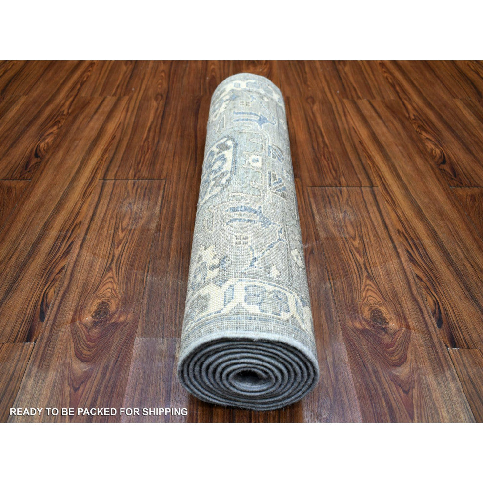 Light Gray Pure Wool Hand Knotted Fine Peshawar Runner Oriental Rug, 2'6"x9'9"