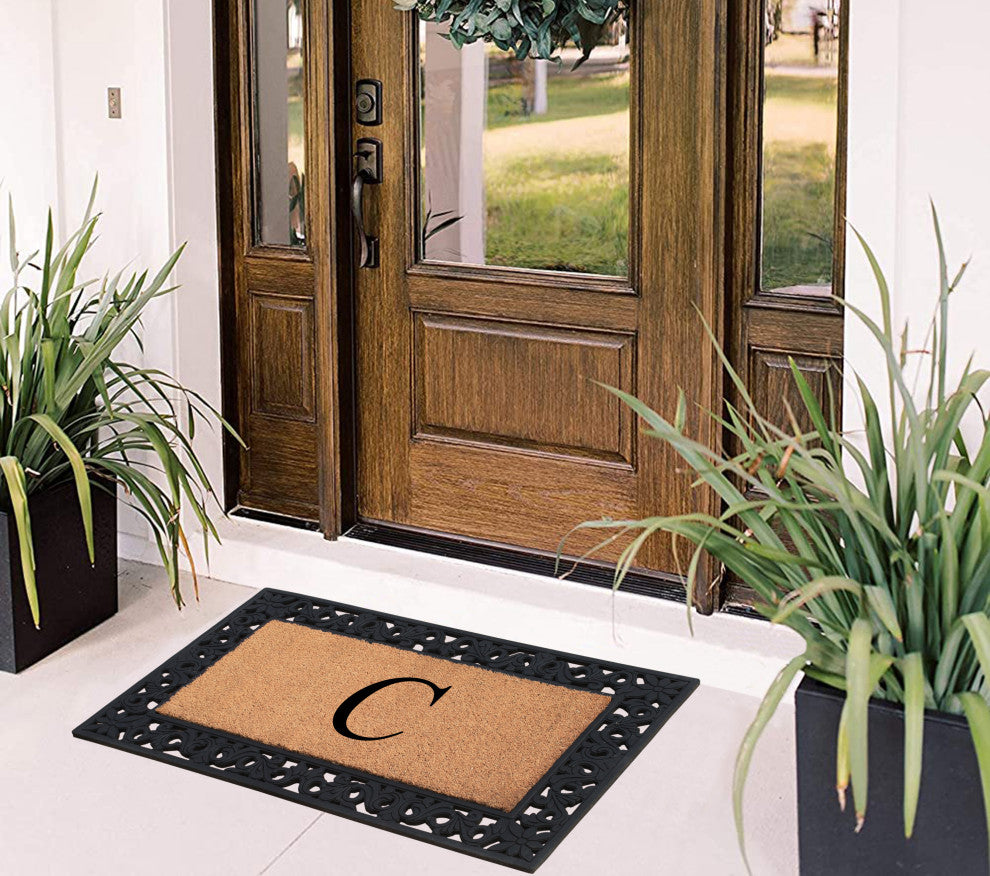A1HC Rubber & Coir Floral Outdoor Durable Monogram Doormat 18"x30", Black, C