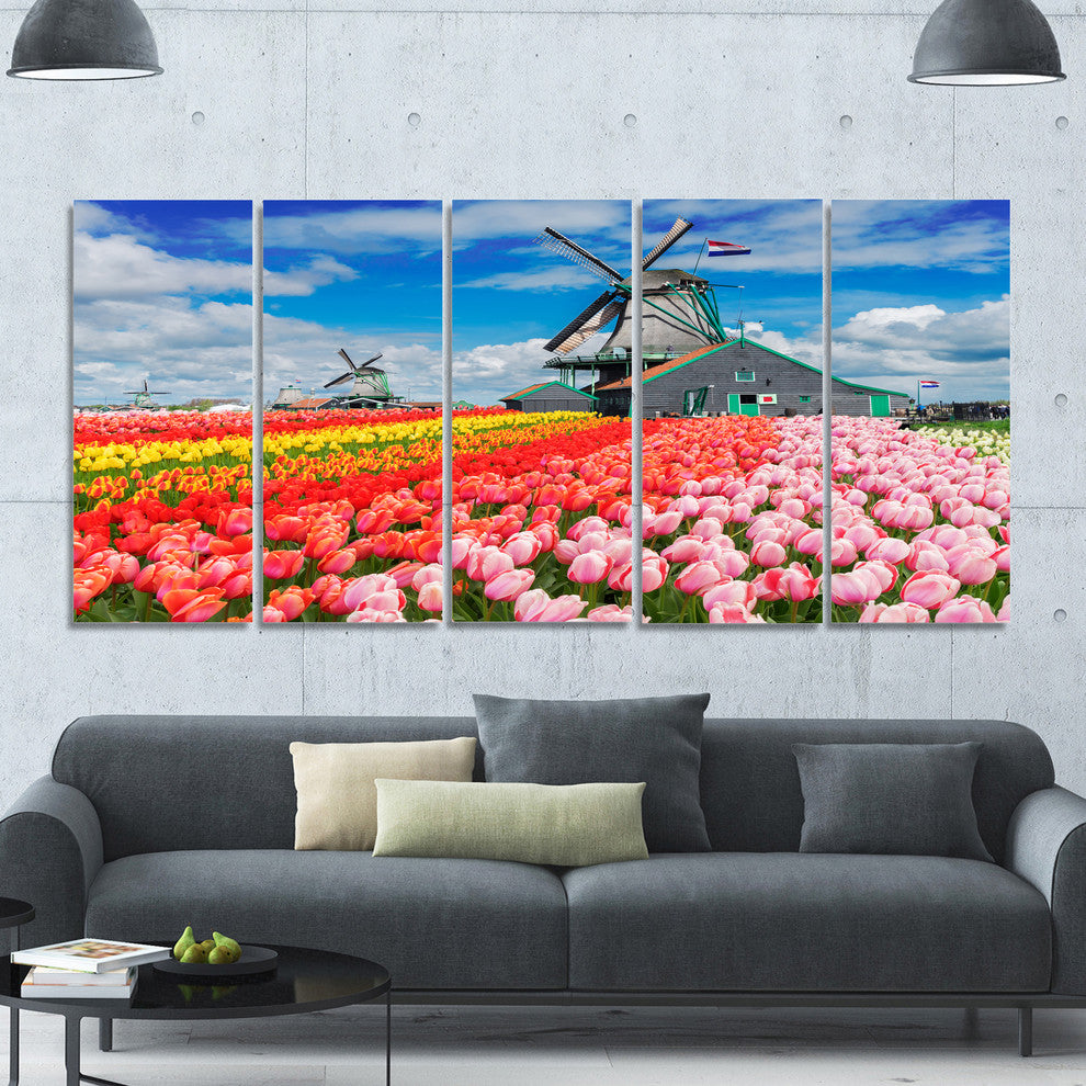 Dutch Windmills and Garden, Abstract Canvas Wall Art, 60"x28", 5 Panels
