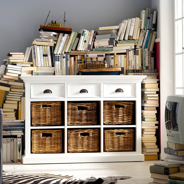 Traditional Sideboard, Mahogany Wood Frame With 3 Drawers & 6 Baskets, White