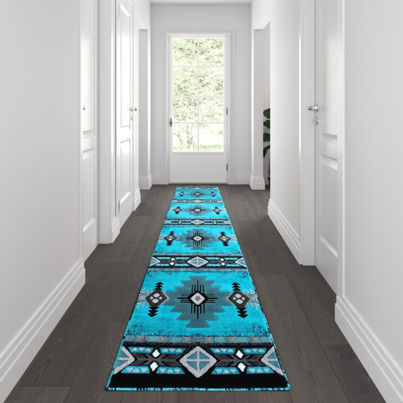 Mohave Collection Traditional Southwestern Style Area Rug, Turquoise, 2' X 11