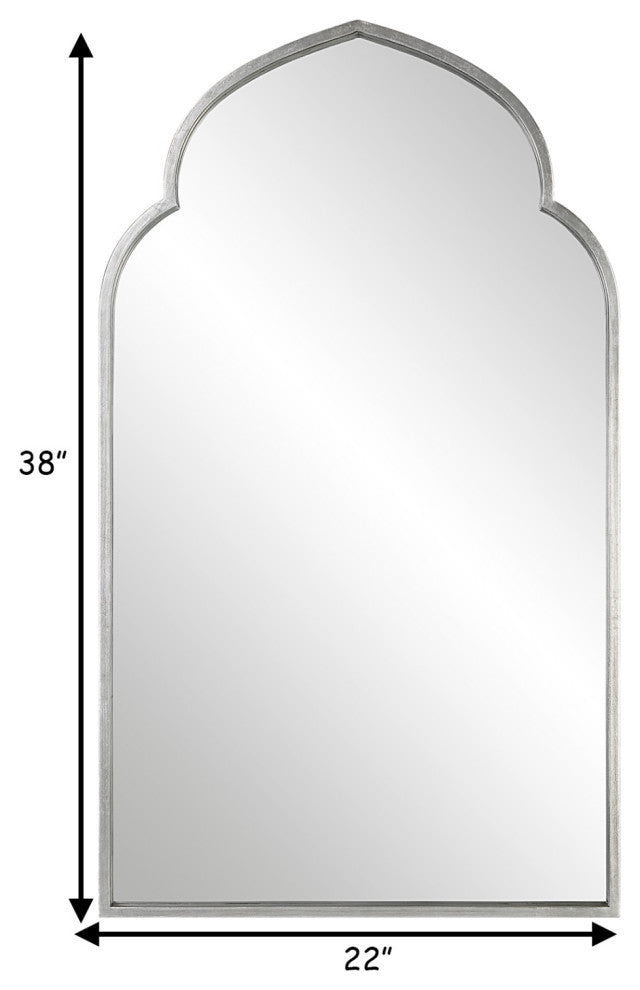 38 Inch Wood Wall Mirror, Moroccan Style, Antique Silver