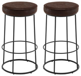 Set of 2 Round Circular Base Leathaire Bar Stools, Dark Brown